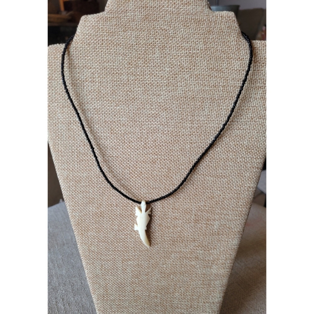 Tribal Bone Carved Lizard Necklace 17" Brown Beading Hand Beaded